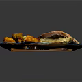 Roast Turkey Meat Served With Fresh Vegetables And Yorkshire Pudding On Blue Plate