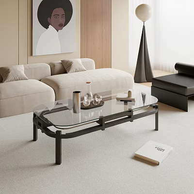 Modern Glass Top Coffee Table with Black Metal Frame in Beige Sofa Living Room Setting 3d model