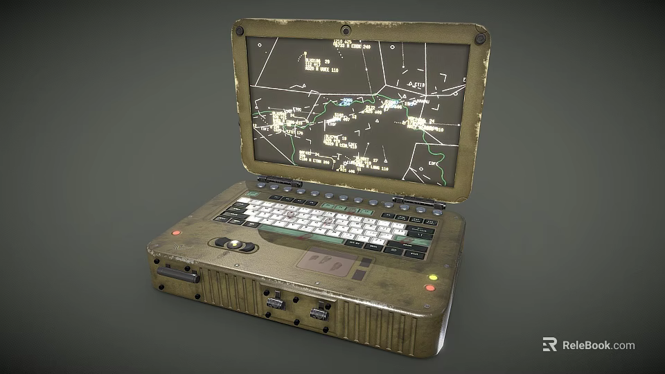 Rugged Military Laptop With Reinforced Olive Green Case Displaying Tactical Map 3d model 