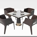 Square Dining Table And Four Brown Leather Chairs Set Marble Top Black Base Diningware Arranged 3d model