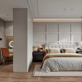 Modern Bedroom Interior With Bed Wall Paneling TV Stand Wooden Floor And Table Lamp