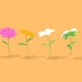 Colorful Flowers with Green Stems and Leaves on Yellow Background
