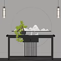 Chinese Style Console Table With Circular Backdrop Mountain Decor And Green Plant 3d model