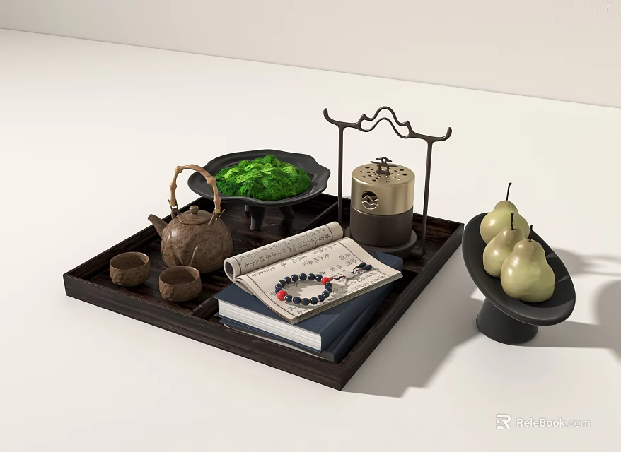 Decorative Ornament Set with Tray Teapot Tea Cups Green Vegetables Jar Book Accessories and Pears 3d model 