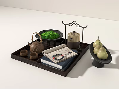 Decorative Ornament Set with Tray Teapot Tea Cups Green Vegetables Jar Book Accessories and Pears 3d model