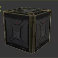 Cube Shaped Household Item With Gray And Black Textured Exterior And Red Logo Design