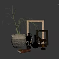Decorative Ornament Set With Clay Pots Vases Paintbrushes Wooden Frames Horse Figure And Green Plants