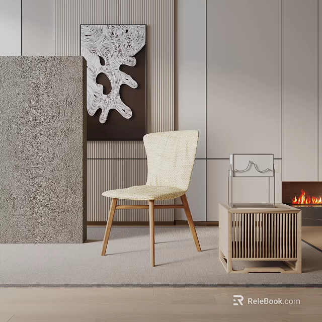 Light Yellow Woven Accent Chair with Wooden Legs and Modern Side Table in Contemporary Living Room 3d model 