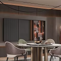 Modern Restaurant Interior With Round Dining Table Upholstered Chairs Pendant Lights And Scenic Window View