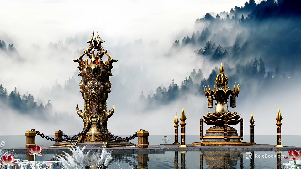 Cartoon Scene With Golden Statues Lotus Structures And Misty Mountain Landscape 3d model 