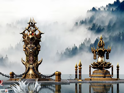 Cartoon Scene With Golden Statues Lotus Structures And Misty Mountain Landscape 3d model