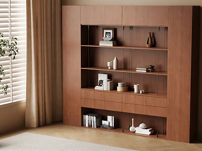 Modern Wooden Bookcase with Multiple Shelves Drawers Books and Decorative Items in Natural Light 3d model