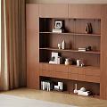 Modern Wooden Bookcase with Multiple Shelves Drawers Books and Decorative Items in Natural Light