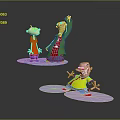 Three Cartoon Characters And Small Animal In 3D Render With Various Poses And Bright Outfits