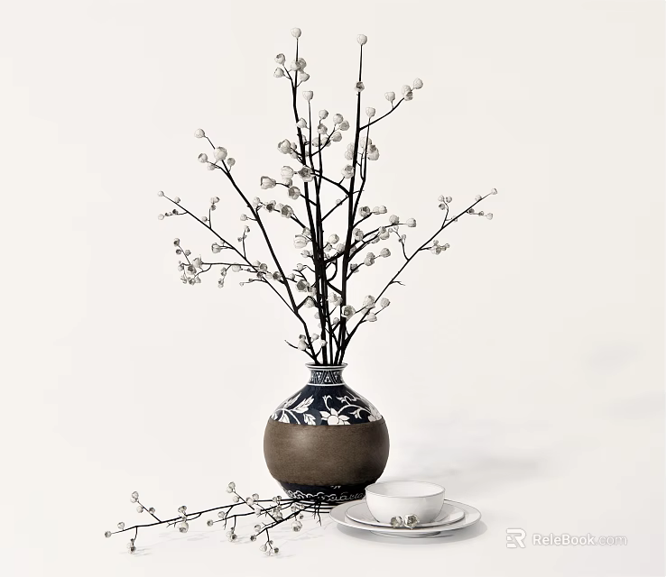 Blue and White Ceramic Vase With White Blossom Branches And Teacup Saucer 3d model 