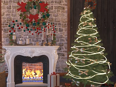 Christmas Decorative Ornament Set With Fireplace Wreath Candles Tree And Gifts 3d model