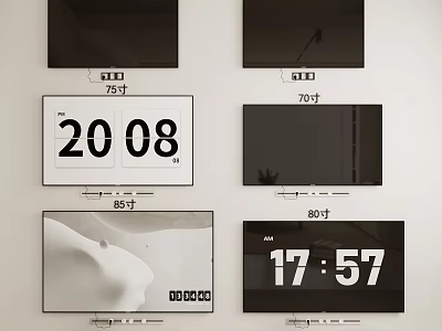 Various Size Televisions With Screen Display Showing Time And Size Labels 3d model
