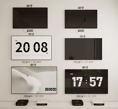 Various Size Televisions With Screen Display Showing Time And Size Labels 3d model