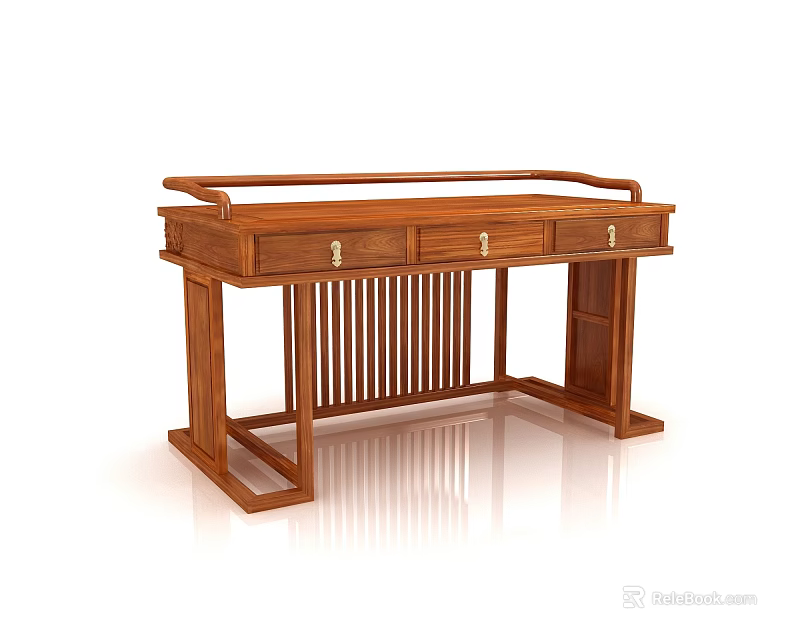 Chinese Style Solid Wood Desk With Railing Top Three Drawers And Sturdy Structure 3d model 