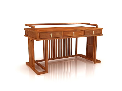 Chinese Style Solid Wood Desk With Railing Top Three Drawers And Sturdy Structure 3d model