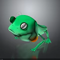 Cute Green Cartoon Frog Character Featuring Big Eyes And Orange Belly On Dark Reflective Surface