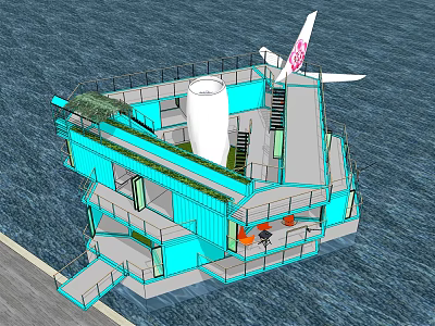 Floating Blue Container Homestay Building Featuring Green Roof Cylindrical Structure And Waterfront Staircase 3d model