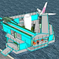 Floating Blue Container Homestay Building Featuring Green Roof Cylindrical Structure And Waterfront Staircase