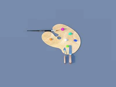 Wooden Art Palette With Colorful Paints And Paint Brushes For Art Supplies 3d model