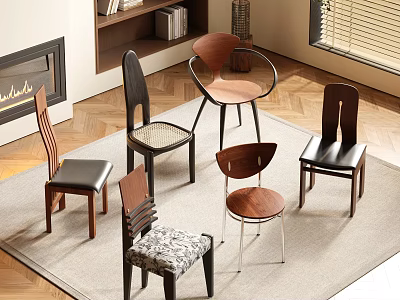 Various Stylish Dining Chairs With Wooden Metal Frames And Upholstered Seats In Living Room 3d model