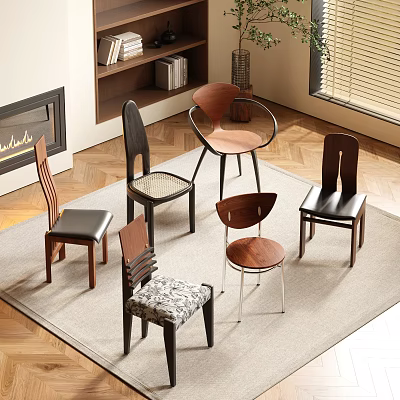 Various Stylish Dining Chairs With Wooden Metal Frames And Upholstered Seats In Living Room 3d model