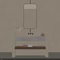 Elegant Minimalist Bathroom Vanity Featuring Hanging Mirror Marble Top And Wooden Shelf