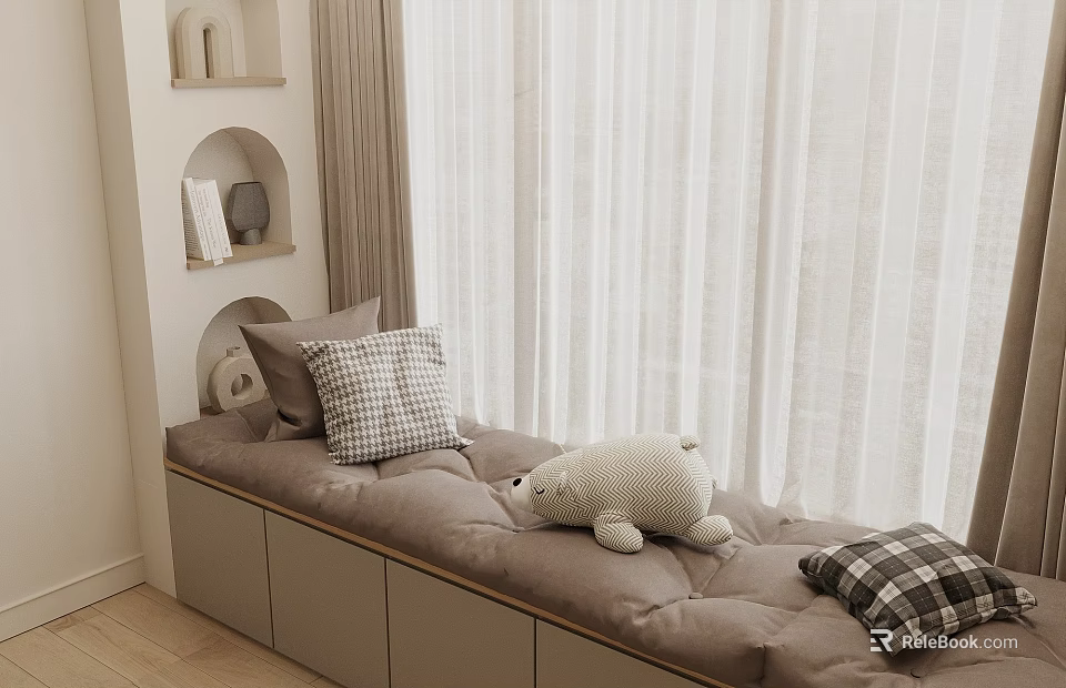 Cozy Window Seat With Gray Cushion Plaid Pillows Stuffed Bear White Curtains And Shelves 3d model 