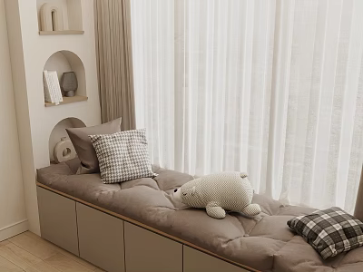 Cozy Window Seat With Gray Cushion Plaid Pillows Stuffed Bear White Curtains And Shelves 3d model