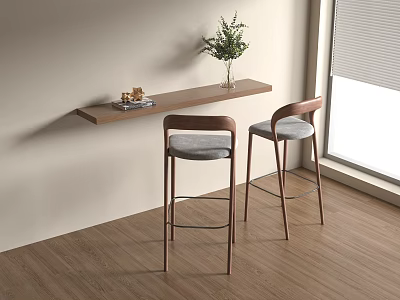 Modern Minimalist Interior Featuring Bar Stools With Wooden Countertop Green Plant And Window 3d model