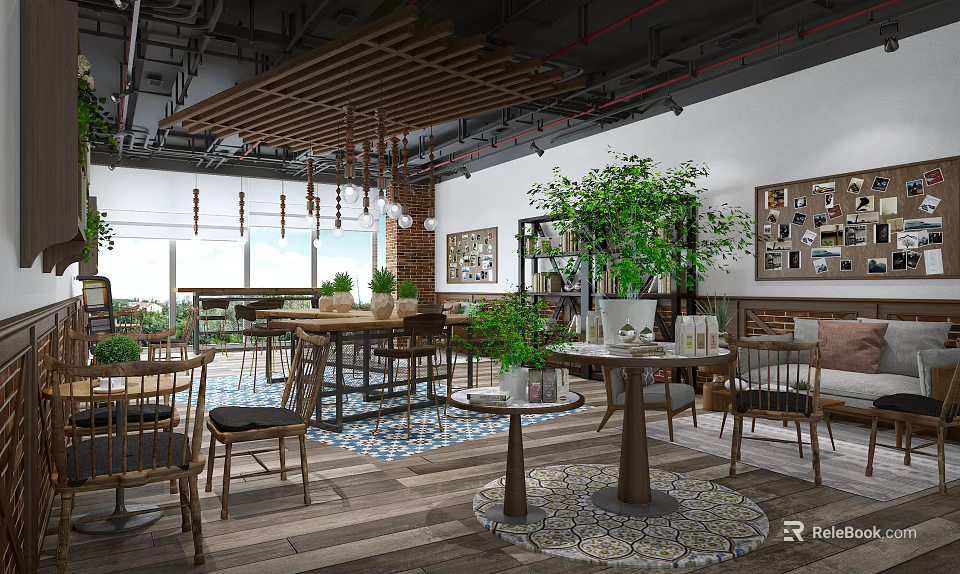 Cozy Café Interior With Wooden Ceiling Hanging Lights Green Plants Decorative Paintings And Tables 3d model 