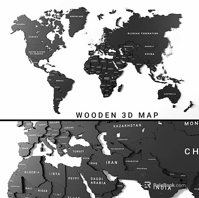 Wooden 3D Map Decorative Wall Hanging with Detailed Country Labels for Home Office Decoration 3d model 