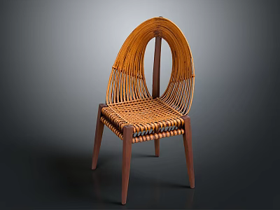 Stylish Handwoven Wicker Chair With Wooden Legs And Curved Back Design 3d model