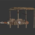 Rustic Thatched Roof Shelter Scene With Wooden Table Plates Stools And Hay Stacks