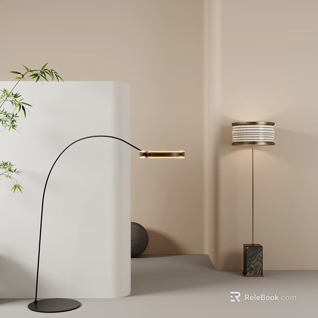 Modern Arc Floor Lamp With Metal Base And Green Plant Decoration On Beige Minimalist Wall Background 3d model 