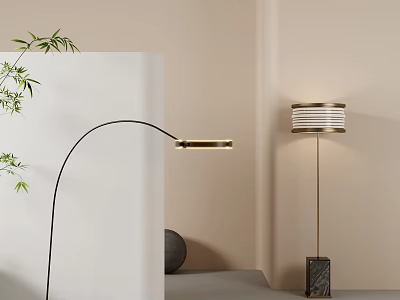 Modern Arc Floor Lamp With Metal Base And Green Plant Decoration On Beige Minimalist Wall Background 3d model