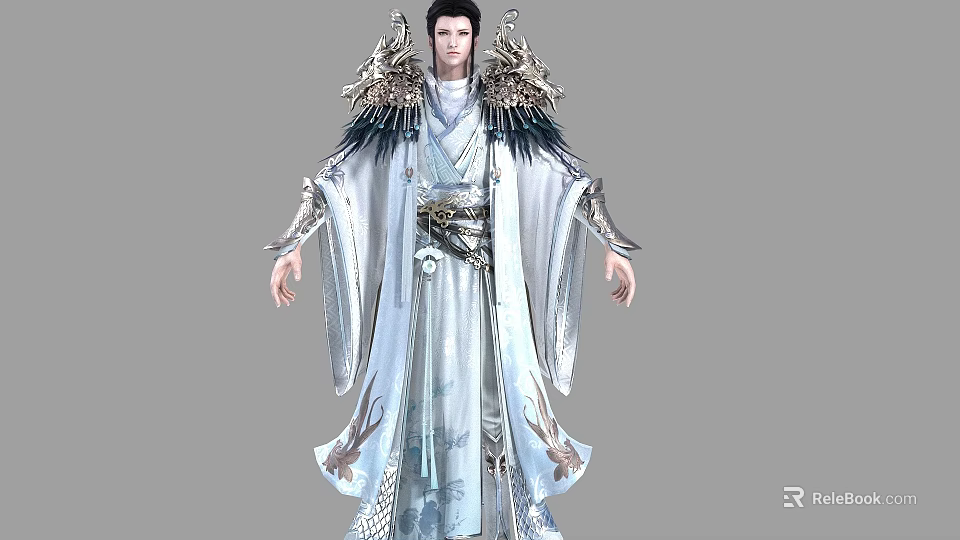Elegant Xianxia Game Movie Character in White Robe with Dragon Pattern and Shoulder Wing Decorations 3d model 