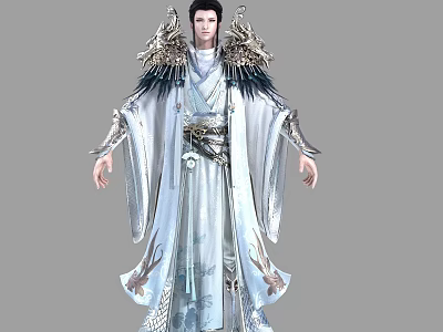 Elegant Xianxia Game Movie Character in White Robe with Dragon Pattern and Shoulder Wing Decorations 3d model