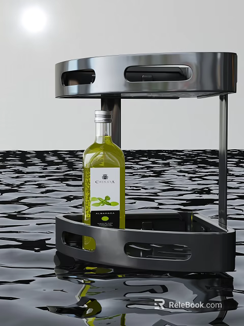 Olive Oil Bottle In Stylish Metal Rack And Abstract Backdrop 3d model 