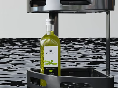 Olive Oil Bottle In Stylish Metal Rack And Abstract Backdrop 3d model