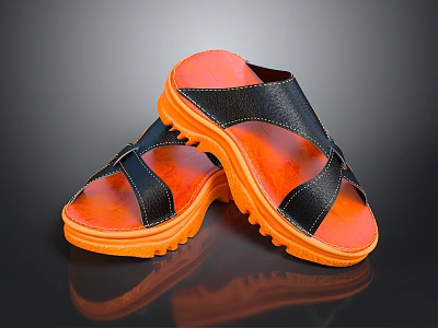 Comfortable Black And Orange Slippers With Cross Straps And Textured Sole 3d model