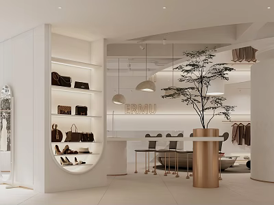 Elegant Modern Clothing Store Interior With Shelves Bags Shoes And Indoor Plant 3d model