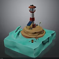 3D Lighthouse Scene With Red White Tower Small House Sandy Beach And Waves