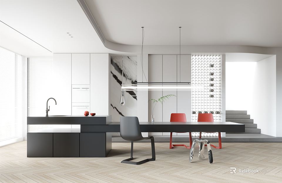 Modern Open Restaurant Kitchen Featuring White Cabinets Black Countertops Red Gray Chairs Pendant Lights 3d model 
