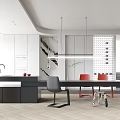 Modern Open Restaurant Kitchen Featuring White Cabinets Black Countertops Red Gray Chairs Pendant Lights