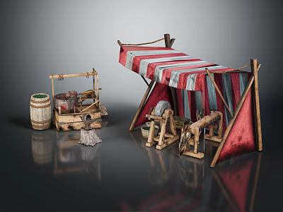 Ancient Architectural Market Stalls With Wooden Structures Striped Canopies Barrels And Tools 3d model